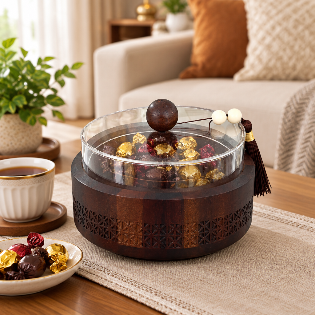 Wooden Candy Bowl with Acrylic Lid Brown - 18×10cm