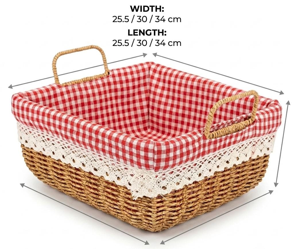 Square Woven Storage Basket with Gingham Lining & Handles