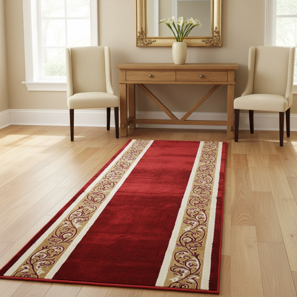 Lima Anti-Slip Carpet Red with Floral Border