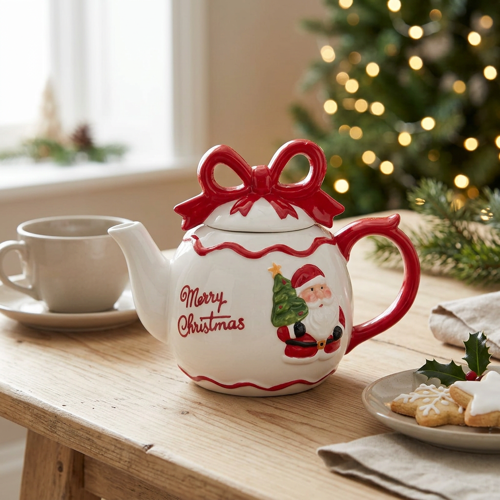 Ceramic Christmas Kettle with Santa Design & Bow Lid - 500ml