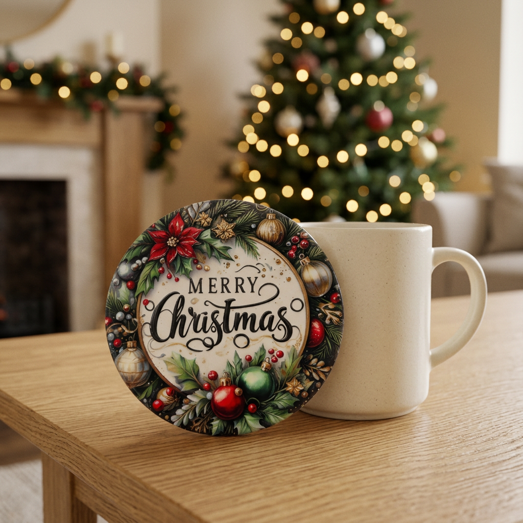 Ceramic-Coated Round Christmas Coaster - 10cm