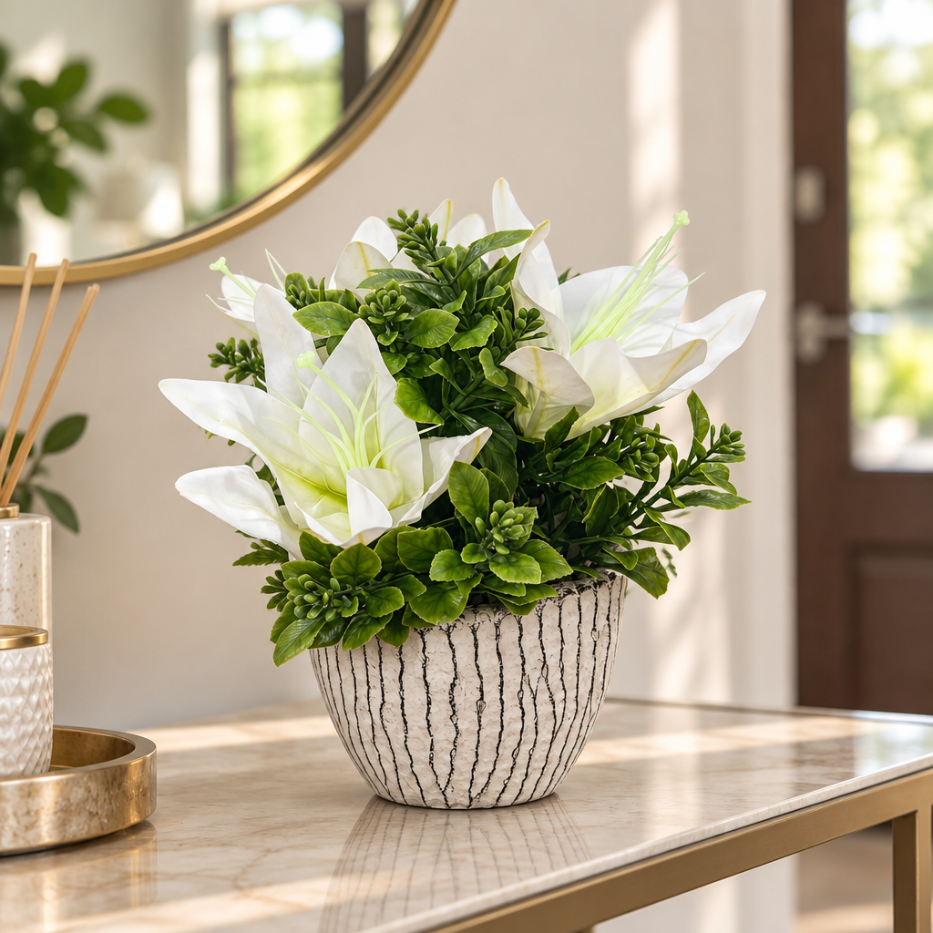 Artificial Lily-Style Flower Plant Ceramic Pot White  – 23cm