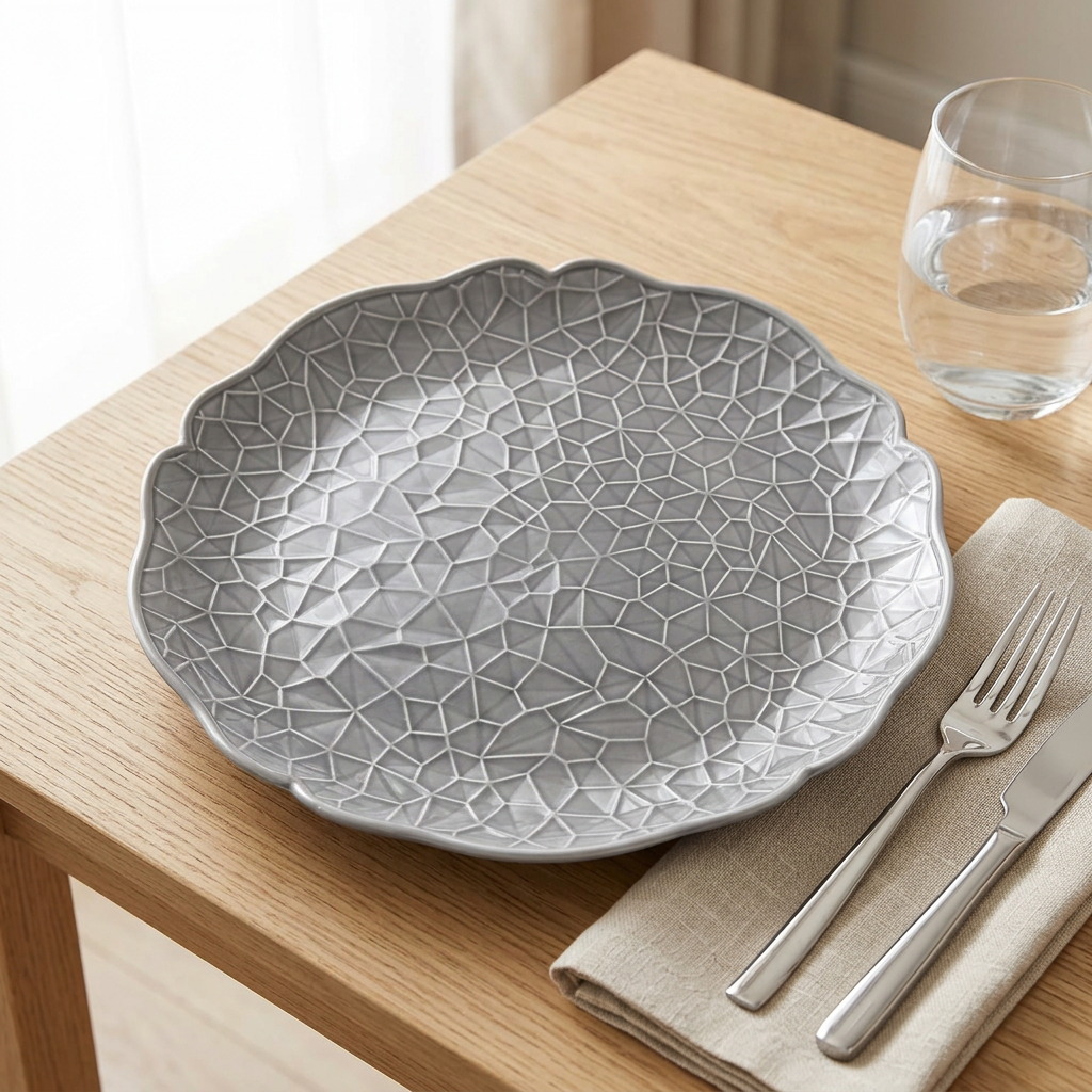 Ceramic Plate with Geometric Pattern & Scalloped Edge Grey – 27cm