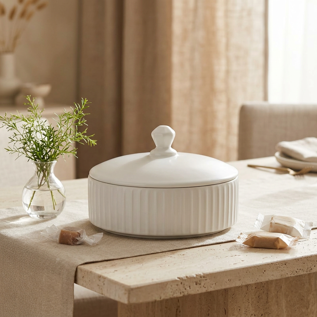 Hamid Ceramic Candy Pot with Lid White - 18cm