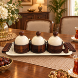 3-Piece Wooden Candy Bowl Set with Metal Tray Brown and Cream - 40×18cm