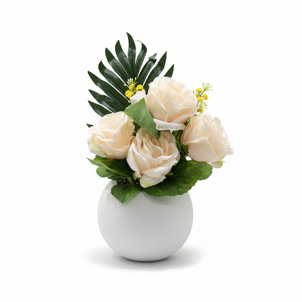 Artificial Flower Plant Cream with White Plastic Pot - 30cm