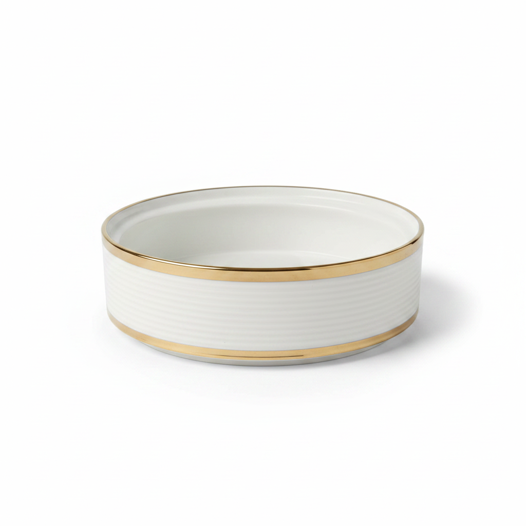 Ribbed Ceramic Serving Bowl with Lid White & Gold - 8-Inch