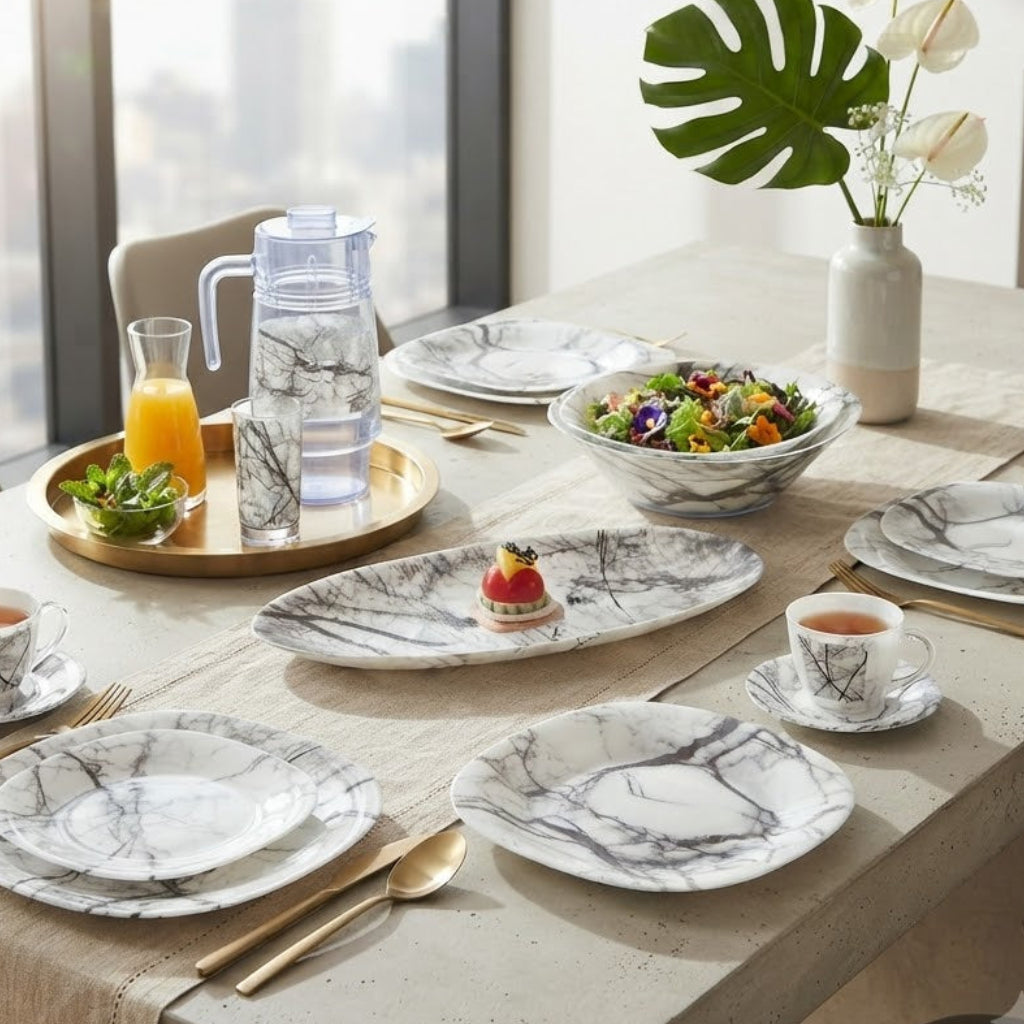 Luminarc Marble White 46-Piece Dinner Set - Tempered Glass Dinnerware Collection