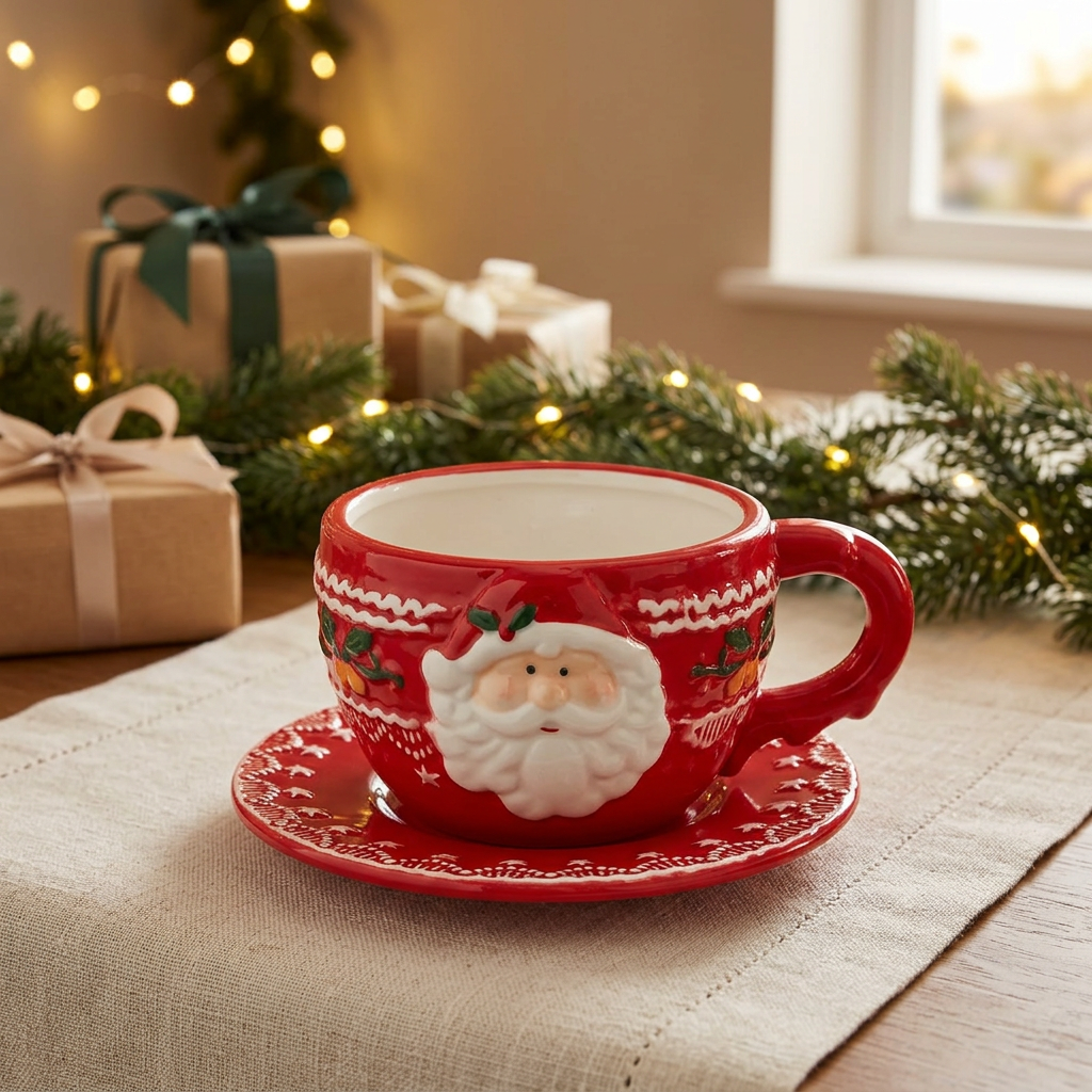 Ceramic Christmas Santa Cup and Saucer Set - 300ml