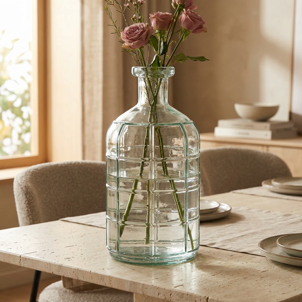 Glass Flower Vase with Grid Pattern – 28cm
