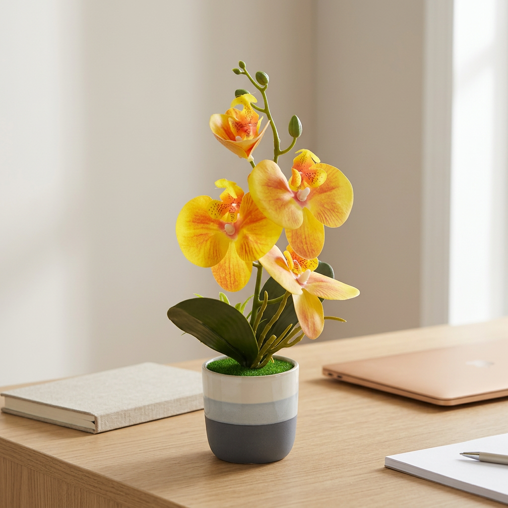 Artificial Yellow Orchid Flower Plant in Ceramic Pot - 30cm