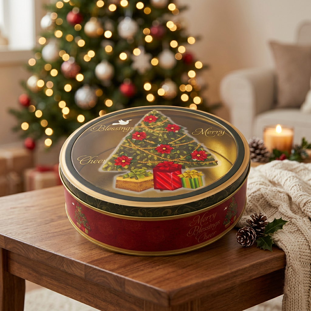 Round Metal Christmas Candy Box with Plastic Lid - 22cm