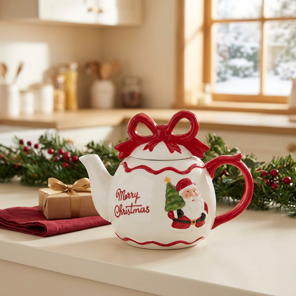 Ceramic Christmas Kettle with Santa Design & Bow Lid - 500ml