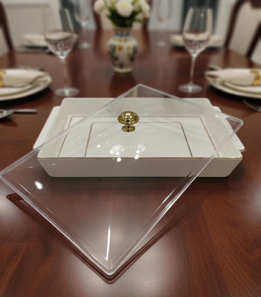 Christian Verucci Elegant Ceramic Serving Tray with Lid – 14.5 Inch White & Gold Finish, Luxury Tableware