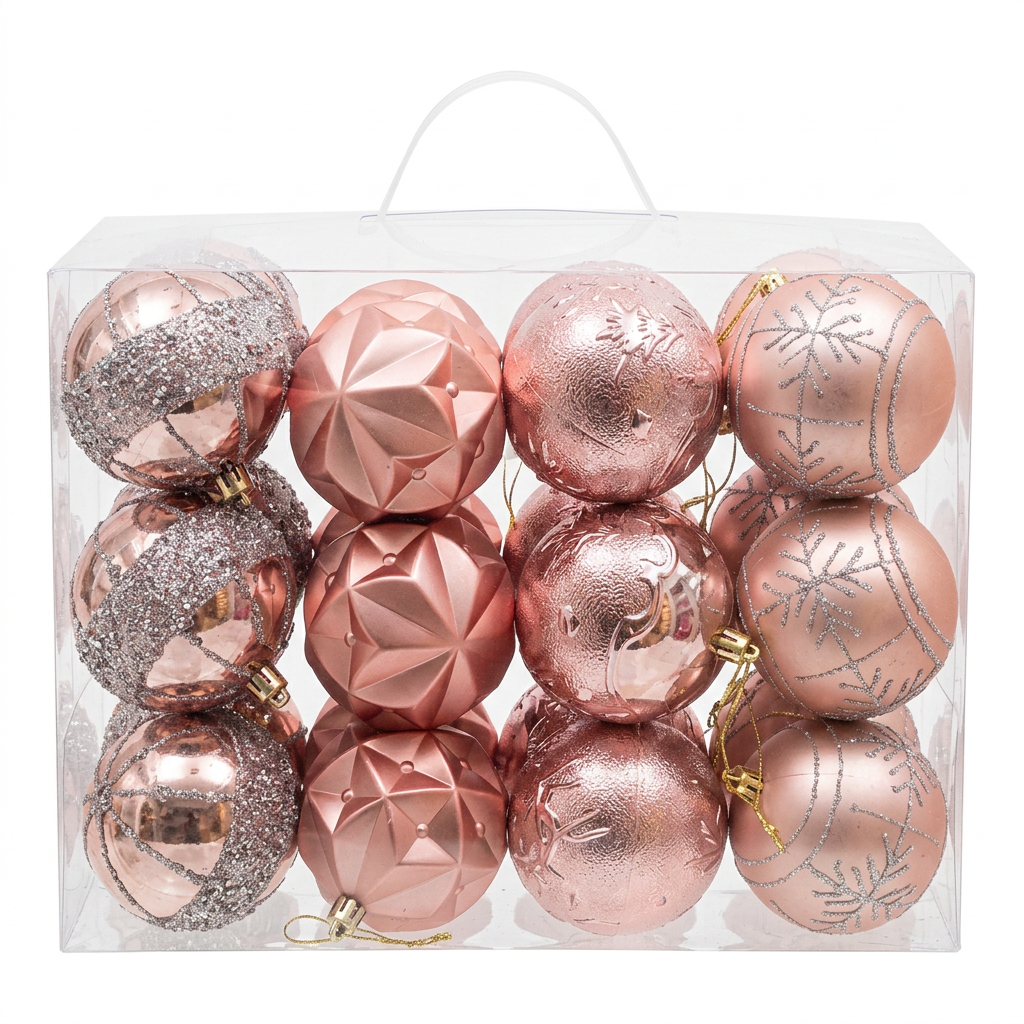 24-Piece Plastic Christmas Décor Balls Set, 8 cm – Blush Pink & Rose Gold

