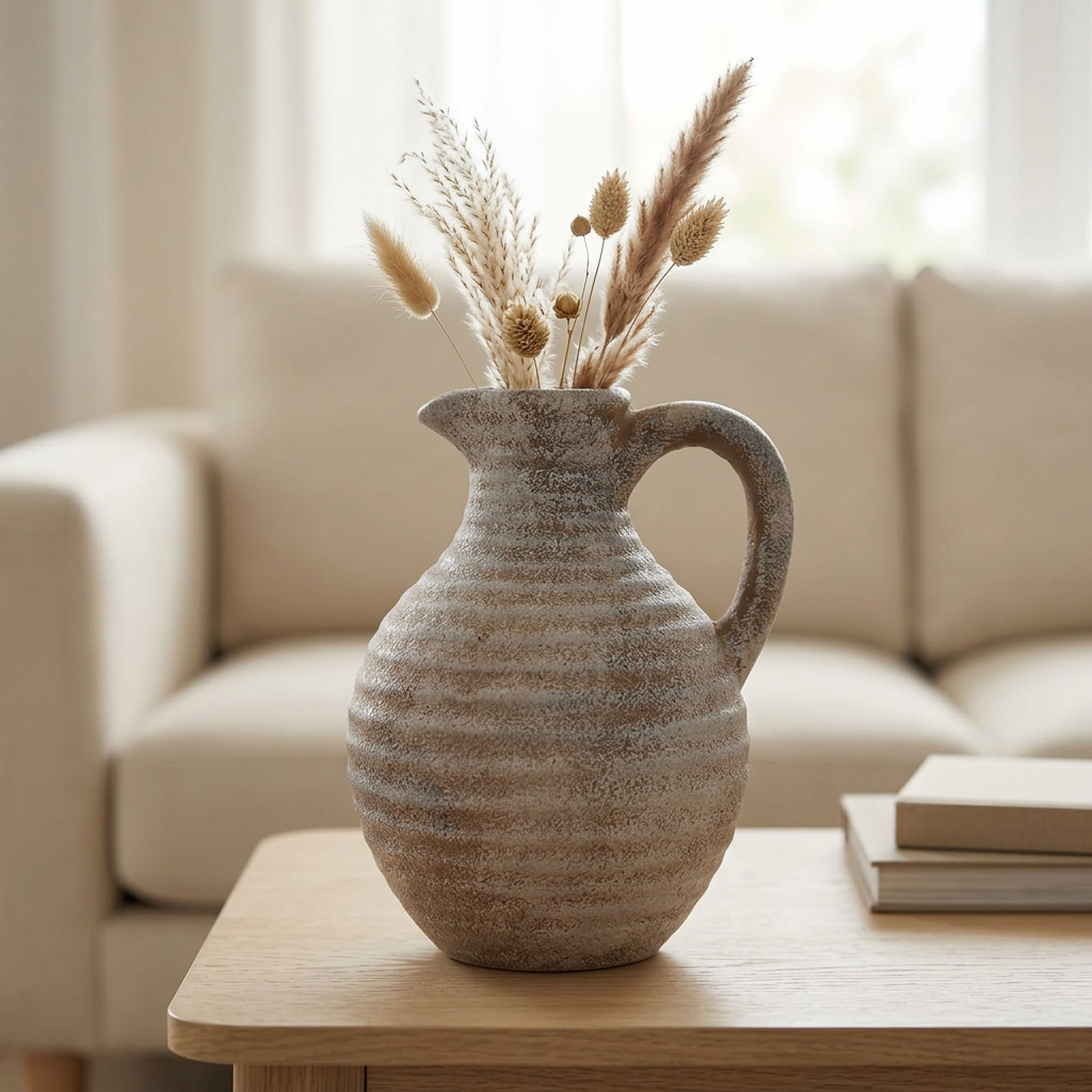 Rustic Ribbed Ceramic Flower Vase with Handle -  20cm