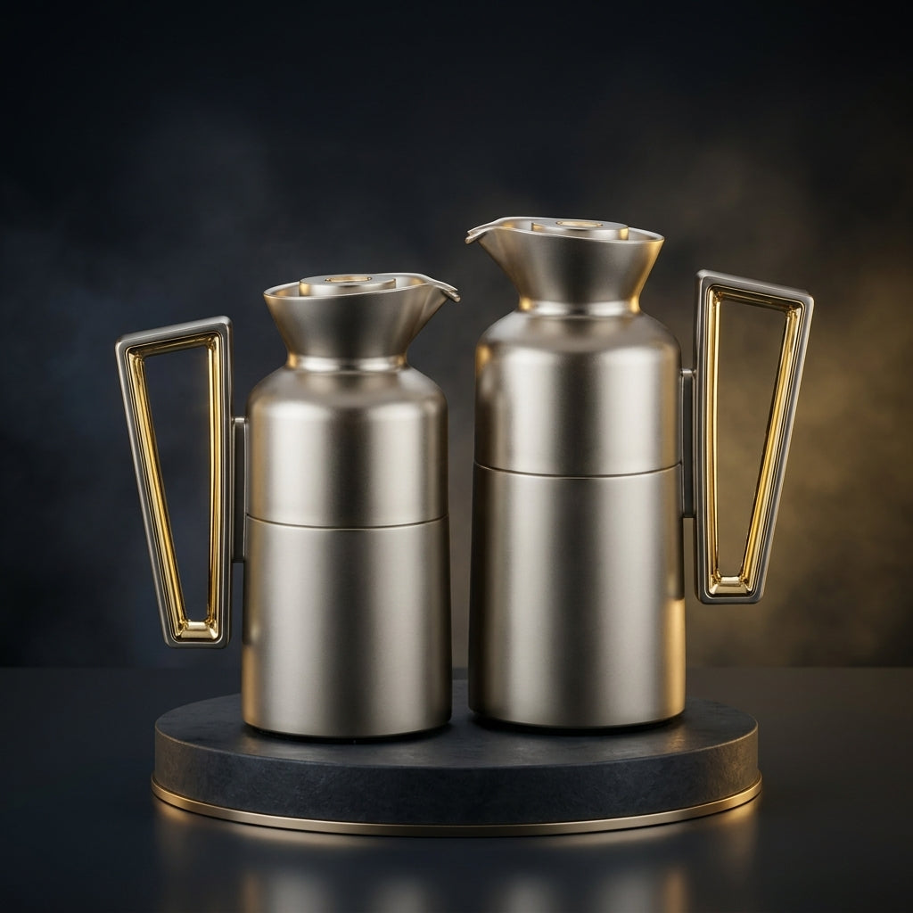 Fursan Vacuum Flask Set, 0.7 Litre + 1 Litre, Matte Nickel with Gold Accents