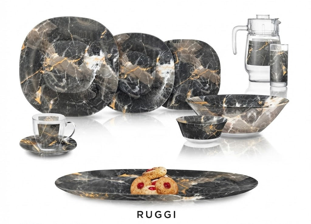 Luminarc Ruggi 46-Piece Tempered Glass Dinner Set – Black Marble Design