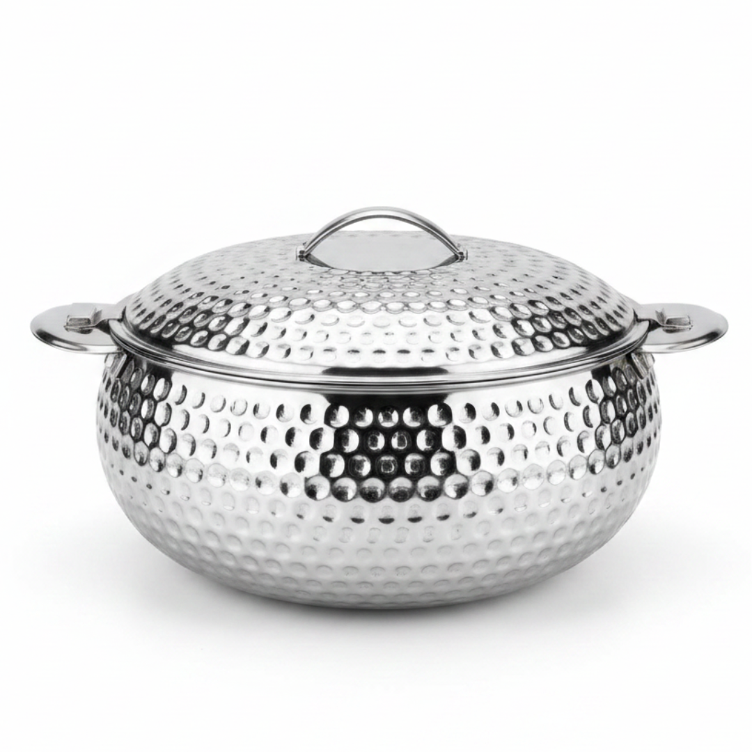 Pradeep Shahla Silver Stainless Steel Hotpot | Hammered Diamond-Texture Insulated Casserole Dish with Lid & Handles |