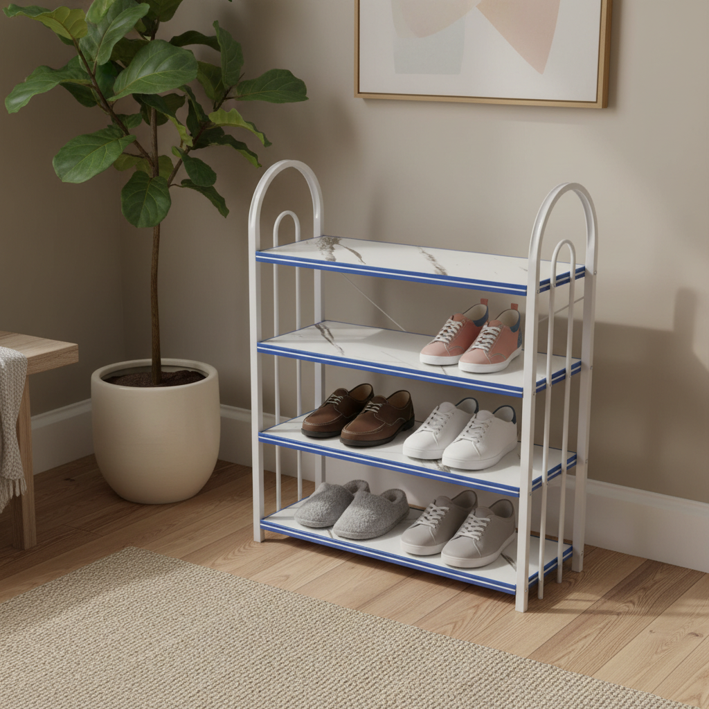 4-Tier Wooden and Metal Shoe Rack White - 60×50×20cm