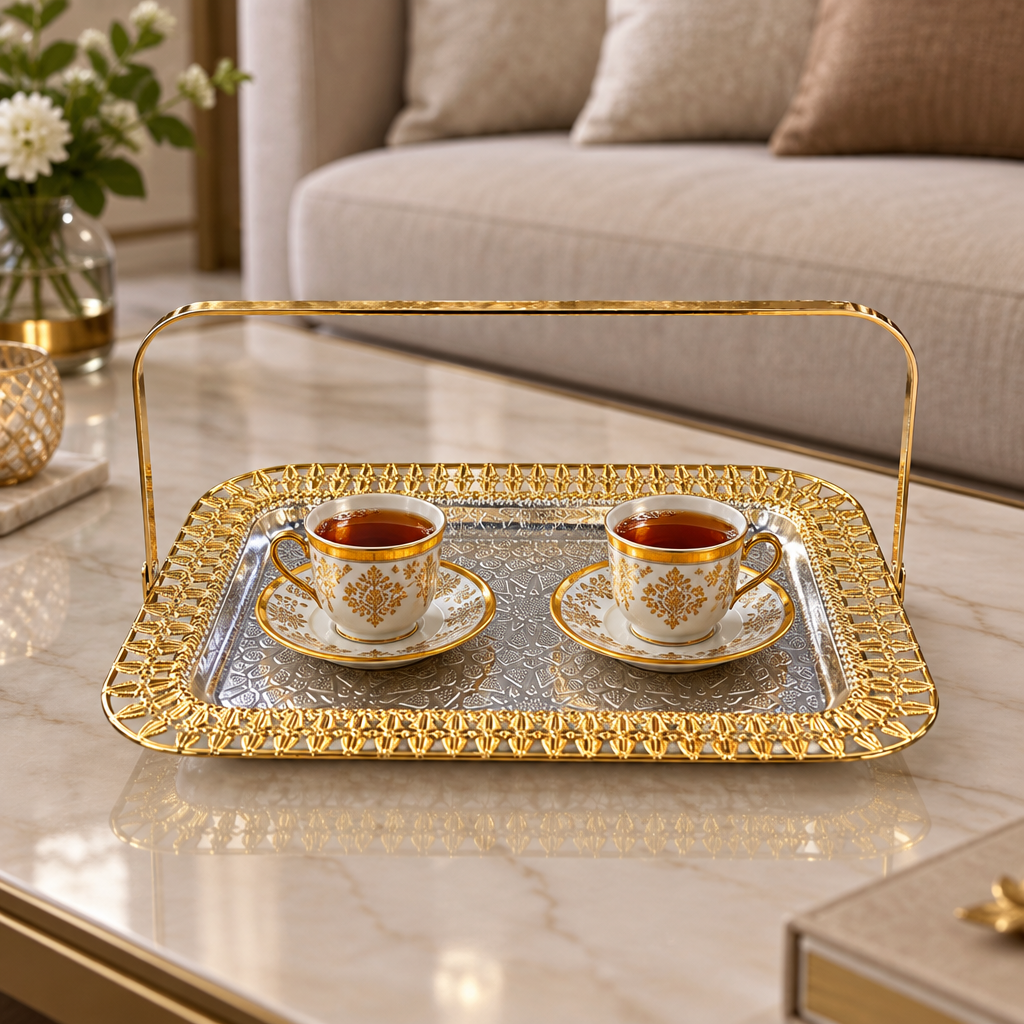 Rectangular Metal Serving Tray with Handle - 32×22cm