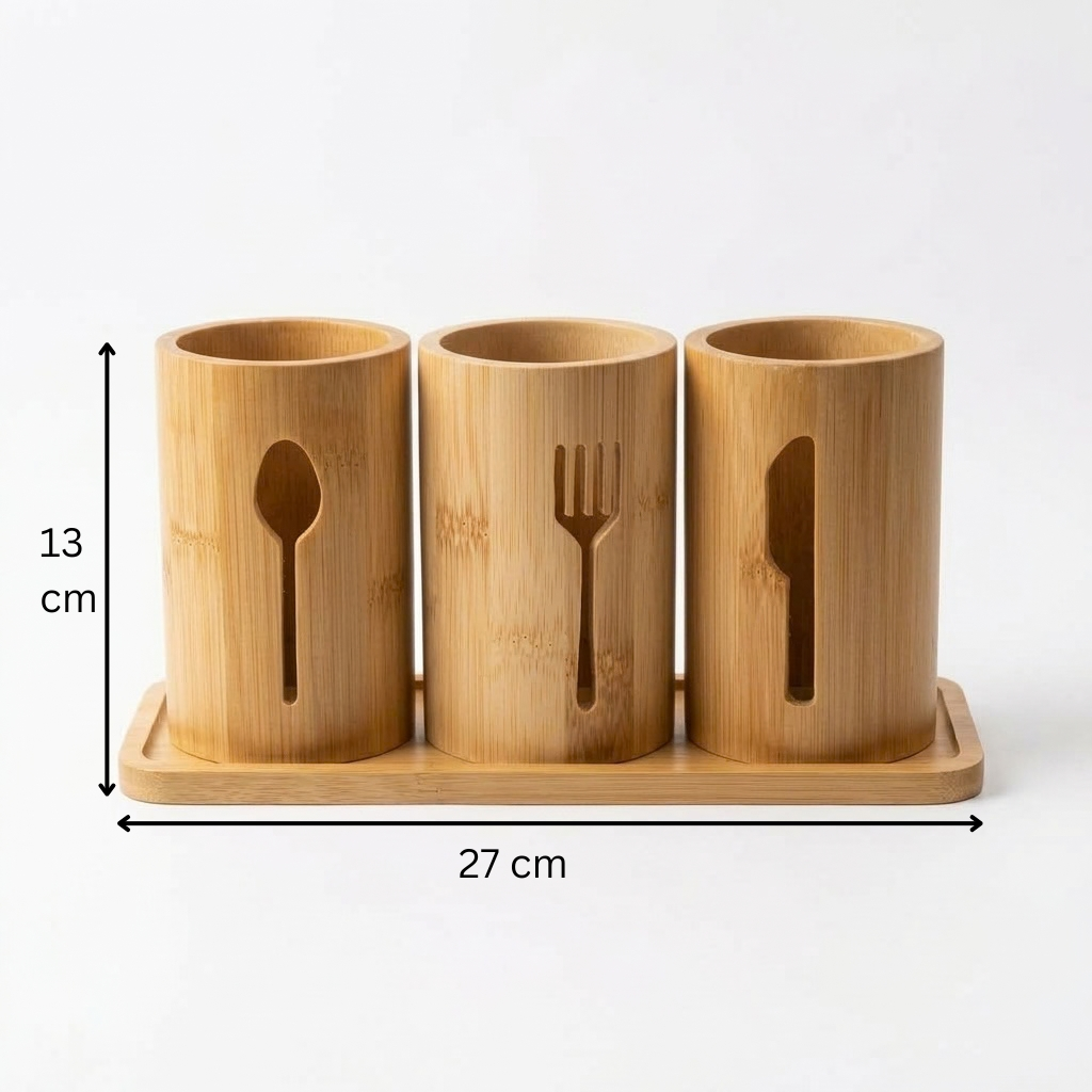 Bamboo Cutlery Holder with Tray, 3 Compartments, 27 × 13 cm