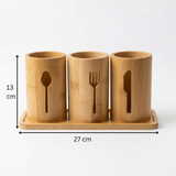 Bamboo Cutlery Holder with Tray, 3 Compartments, 27 × 13 cm