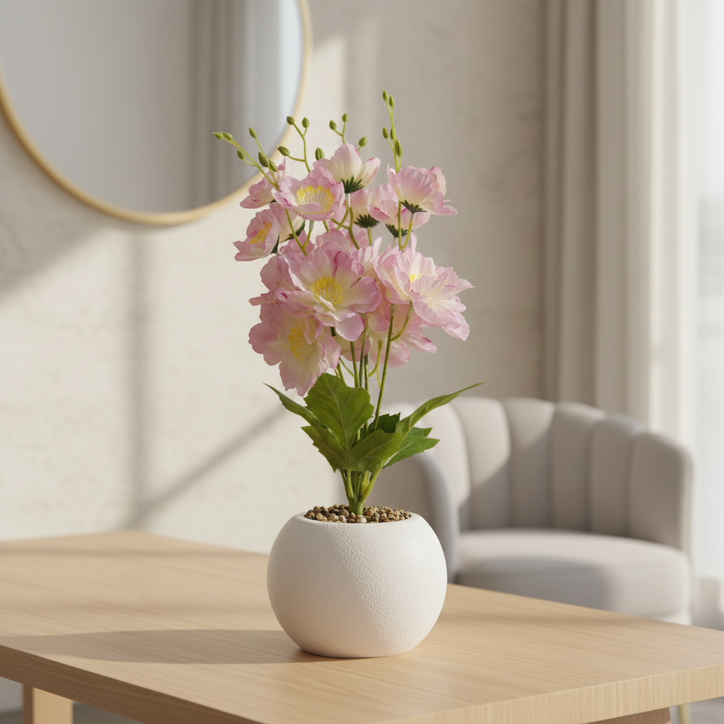 Artificial Flower Plant Pink with White Plastic Pot - 40cm