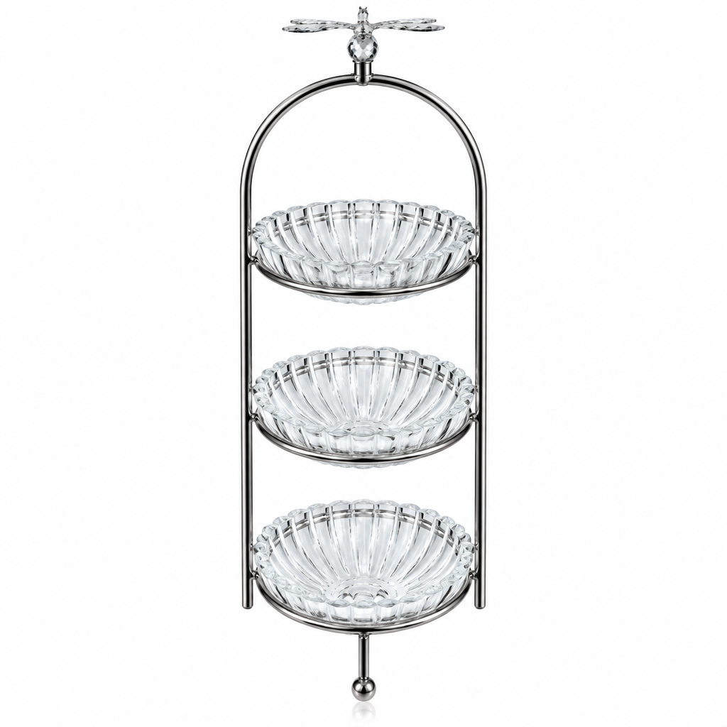 3-Tier Glass Candy Bowl with Silver Metal Stand - 12×45cm