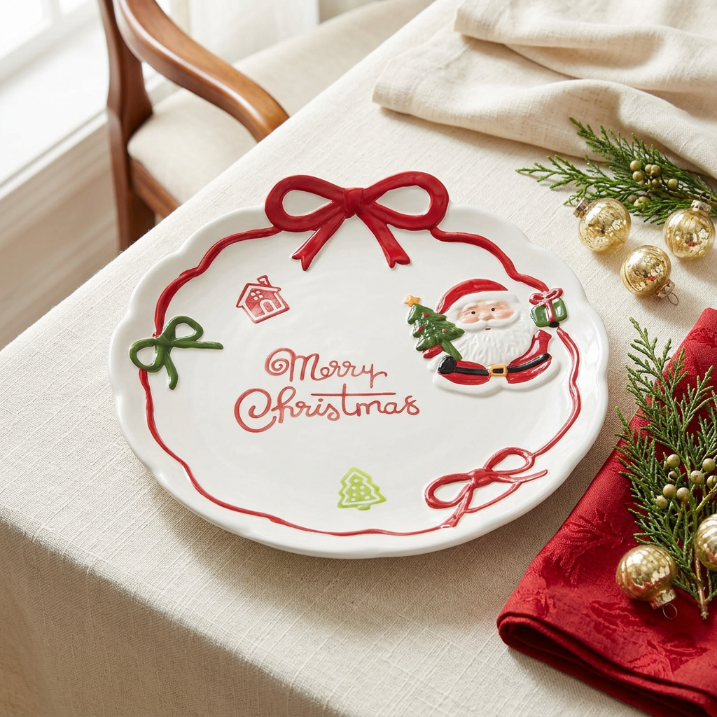 Ceramic Christmas Candy Plate with Bow Design - 27cm