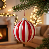 Striped Plastic Christmas Ball Hanging Decoration Red & White – 10cm