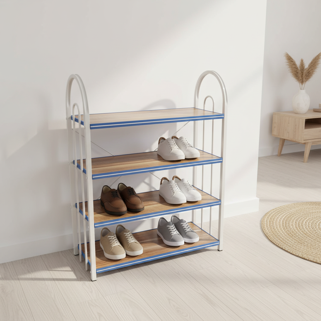 4-Tier Wooden and Metal Shoe Rack White & Brown - 60×50×20cm