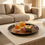 Yuniverse Round Plastic Non-Slip Serving Tray with Wood-Grain Design - 30cm