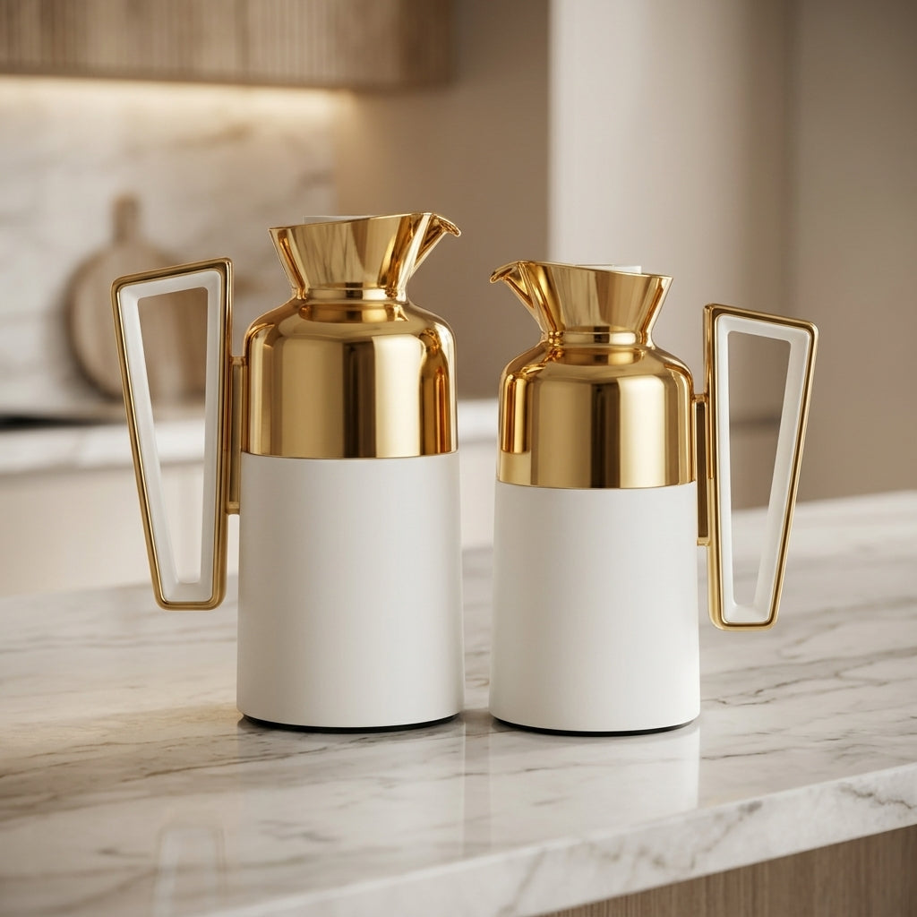 Fursan Vacuum Flask Set, 0.7 Litre + 1 Litre, Matt White with Gold Accents