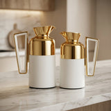 Fursan Vacuum Flask Set, 0.7 Litre + 1 Litre, Matt White with Gold Accents