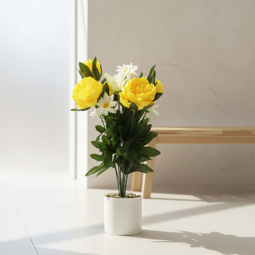 Artificial Flower Plant Yellow with White Plastic Pot - 45cm
