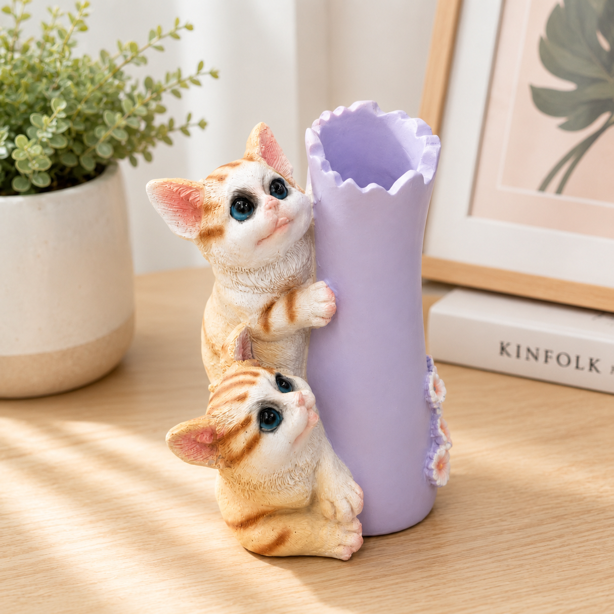 Zeem Lavender & Orange Twin Ginger Kittens Polyresin Pen & Stationery Holder - 13cm