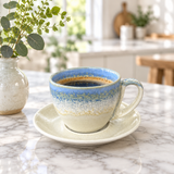 Ceramic Cup and Saucer Set Cream & Blue - 300ml