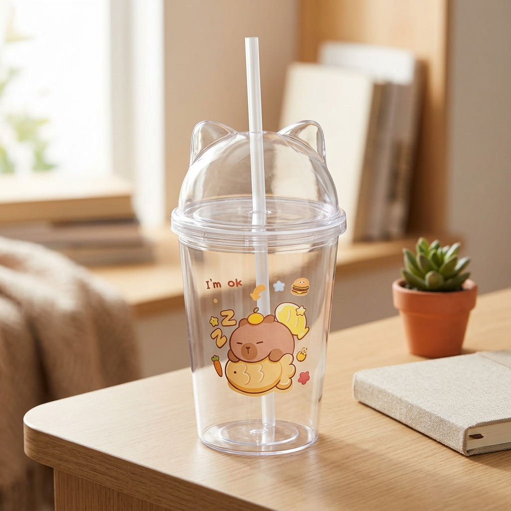Plastic Juice Mug with Cat-Ear Lid & Straw - 500ml