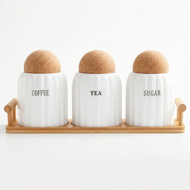 3-Piece White Ribbed Ceramic Coffee, Tea & Sugar Jar Set with Lids and Tray – 500 ml Each