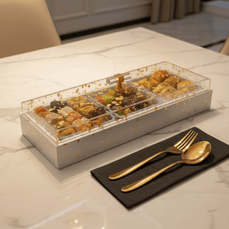3 - Piece Crystal Acrylic Candy Bowl Set | White Wooden Tray & Gold Flake Lid | 36×13 cm - Al Kabayel Discount Centre3 - Piece Crystal Acrylic Candy Bowl Set | White Wooden Tray & Gold Flake Lid | 36×13 cmJars & Food SaversAKDCAl Kabayel Discount Centre