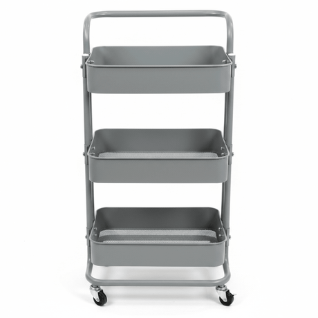 3-Tier Rolling Metal Storage Cart with Wheels & Handle | Mesh Shelves Utility Trolley | Grey & Blue | 28×38×70 cm | - Al Kabayel Discount Centre3-Tier Rolling Metal Storage Cart with Wheels & Handle | Mesh Shelves Utility Trolley | Grey & Blue | 28×38×70 cm |Organizers & AccessoriesAKDCAl Kabayel Discount Centre