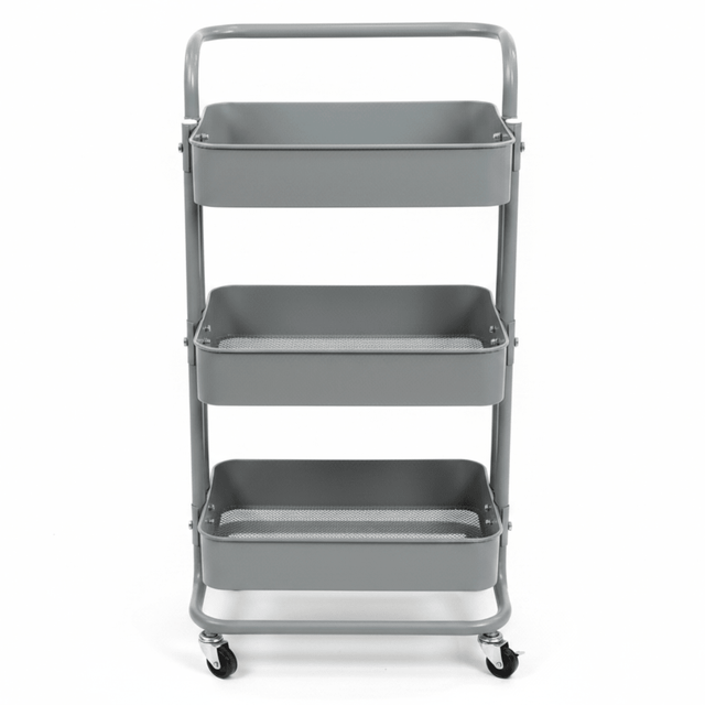 3-Tier Rolling Metal Storage Cart with Wheels & Handle | Mesh Shelves Utility Trolley | Grey & Blue | 28×38×70 cm | - Al Kabayel Discount Centre3-Tier Rolling Metal Storage Cart with Wheels & Handle | Mesh Shelves Utility Trolley | Grey & Blue | 28×38×70 cm |Organizers & AccessoriesAKDCAl Kabayel Discount Centre