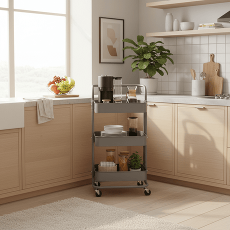 3-Tier Rolling Metal Storage Cart with Wheels & Handle | Mesh Shelves Utility Trolley | Grey & Blue | 28×38×70 cm | - Al Kabayel Discount Centre3-Tier Rolling Metal Storage Cart with Wheels & Handle | Mesh Shelves Utility Trolley | Grey & Blue | 28×38×70 cm |Organizers & AccessoriesAKDCAl Kabayel Discount Centre