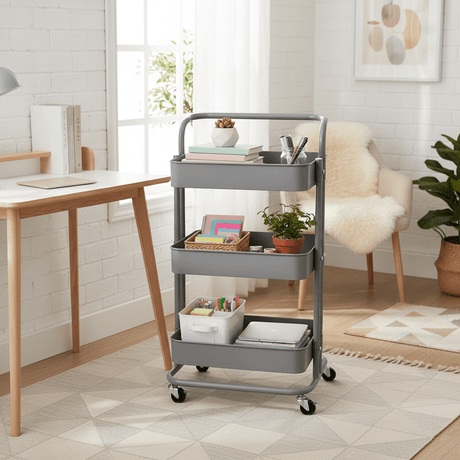 3-Tier Rolling Metal Storage Cart with Wheels & Handle | Mesh Shelves Utility Trolley | Grey & Blue | 28×38×70 cm | - Al Kabayel Discount Centre3-Tier Rolling Metal Storage Cart with Wheels & Handle | Mesh Shelves Utility Trolley | Grey & Blue | 28×38×70 cm |Organizers & AccessoriesAKDCAl Kabayel Discount Centre