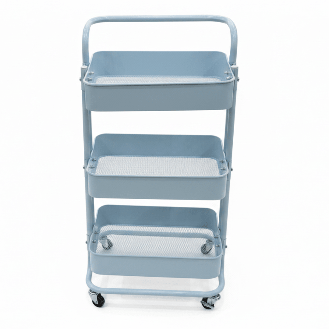 3-Tier Rolling Metal Storage Cart with Wheels & Handle | Mesh Shelves Utility Trolley | Grey & Blue | 28×38×70 cm | - Al Kabayel Discount Centre3-Tier Rolling Metal Storage Cart with Wheels & Handle | Mesh Shelves Utility Trolley | Grey & Blue | 28×38×70 cm |Organizers & AccessoriesAKDCAl Kabayel Discount Centre