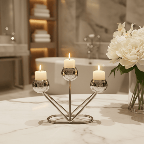 3 - Way Silver Metal Candle Holder | Globe Cup Candelabra | 10×14cm - Al Kabayel Discount Centre3 - Way Silver Metal Candle Holder | Globe Cup Candelabra | 10×14cmHome Décor AccentsAKDCAl Kabayel Discount Centre
