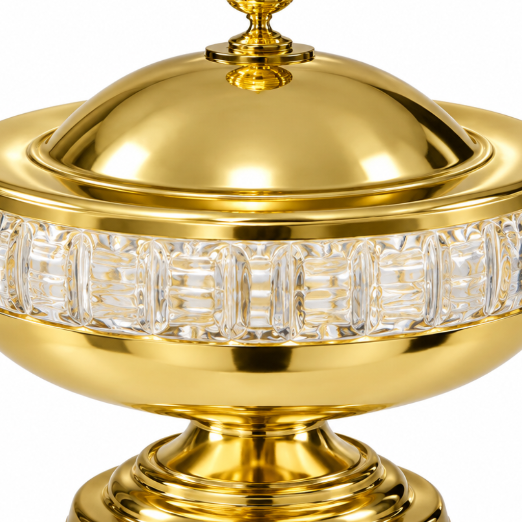 Metal and Glass Footed Candy Bowl with Lid Gold - 25×15cm