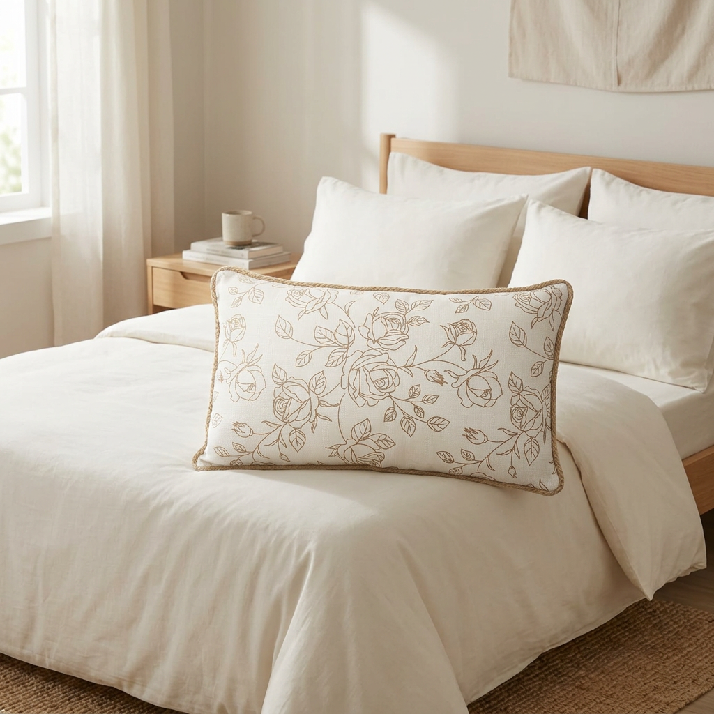Rectangular Floral Cushion Ivory & Beige - 28×50cm