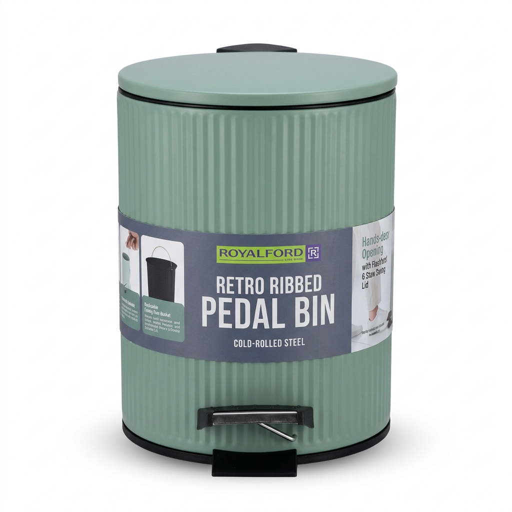 Royalford Retro Ribbed Pedal Dustbin Sage Green - 3 Litres